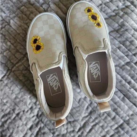 Vans Shoes Kid Girls Tan Checkered With Sunflower Vans Shoe